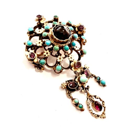 fig 1. Austro-Hungarian Turquoise and Garnet Flower Pendant Brooch in Silver Gilt