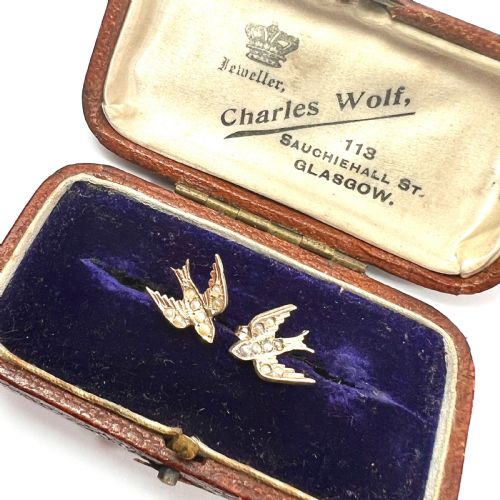 Victorian 9ct Gold and Pearl Swallow Earrings