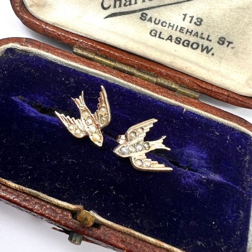 fig 1. Victorian 9CT Gold and Pearl Swallow Earrings