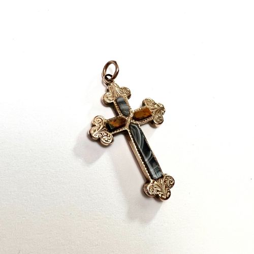 Scottish Victorian 9ct Gold Agate Cross Pendant