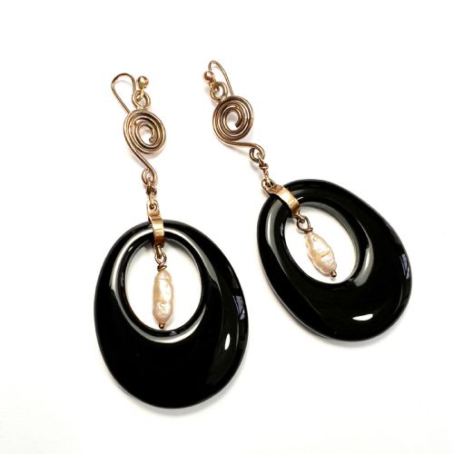 Art Deco 9ct Gold Pearl Onyx Hoop Earrings