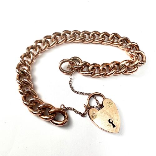 Antique 9ct Rose Gold Curb Chain Bracelet with Padlock