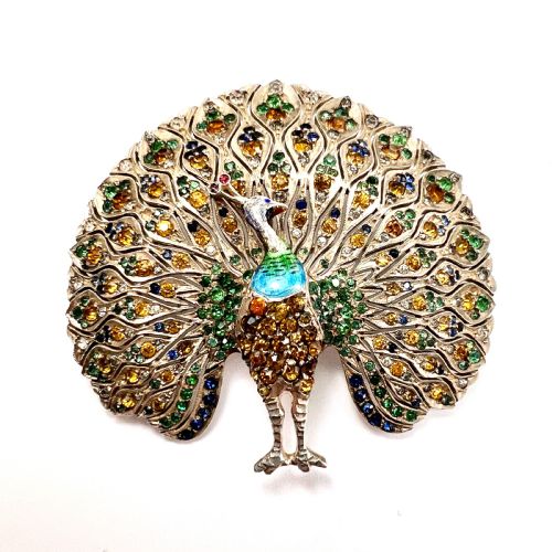 Huge Vintage Art Deco Paste Enamel Peacock Brooch in Sterling Silver