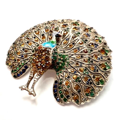 fig 1. Huge Vintage Art Deco Paste Enamel Peacock Brooch in Sterling Silver