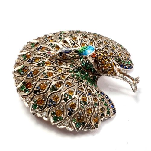 fig 2. Huge Vintage Art Deco Paste Enamel Peacock Brooch in Sterling Silver