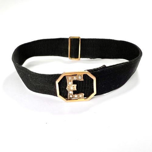 Reserved for Dg • Victorian 9ct Rose Gold and Seed Pearl Initial Letter E Ribbon Bracelet