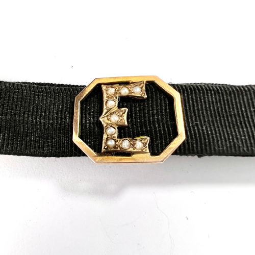 fig 1. RESERVED for DG • Victorian 9CT Rose Gold and Seed Pearl Initial Letter E Ribbon Bracelet