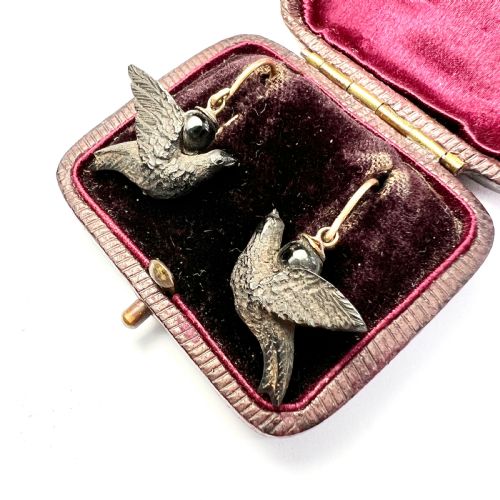 fig 1. Victorian Carved Whitby Jet 9CT Gold Bird Earrings