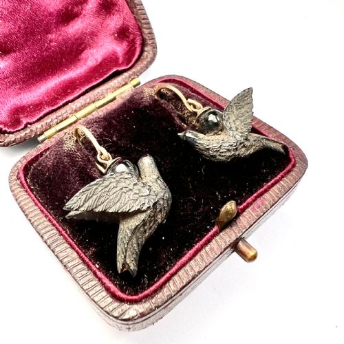 fig 2. Victorian Carved Whitby Jet 9CT Gold Bird Earrings
