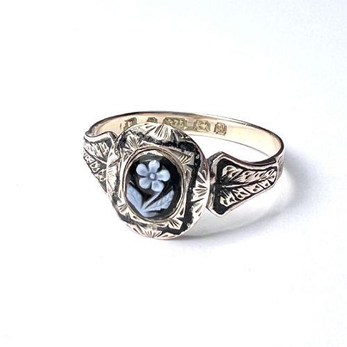 Victorian 9ct Gold Enamel Forget Me Not Mourning Ring