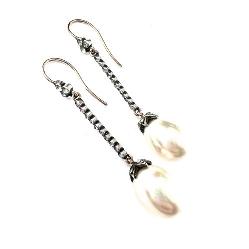 Edwardian Silver and 9ct Gold Paste Pearl Drop Earrings