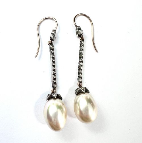 fig 1. Edwardian Silver and 9CT Gold Paste Pearl Drop Earrings