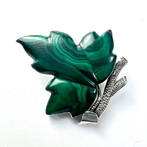 Victorian Malachite Sterling Silver Leaf Brooch