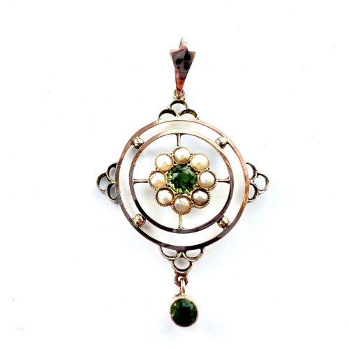 Edwardian 9ct Gold Paste Peridot and Seed Pearl Pendant