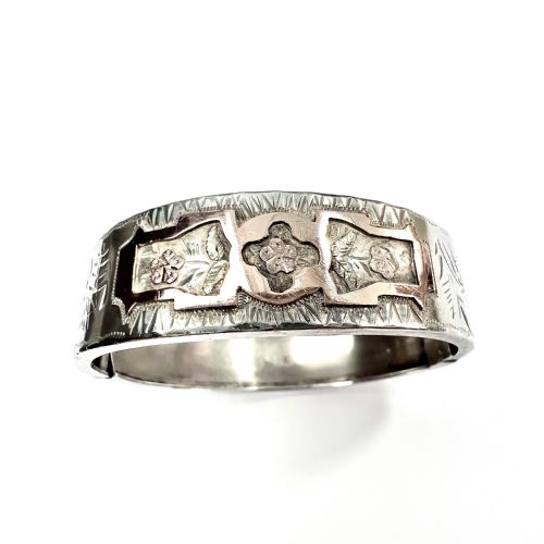 BOXED VICTORIAN STERLING SILVER AND GOLD HINGED CUFF BANGLE - ADDITIONAL PHOTO 2