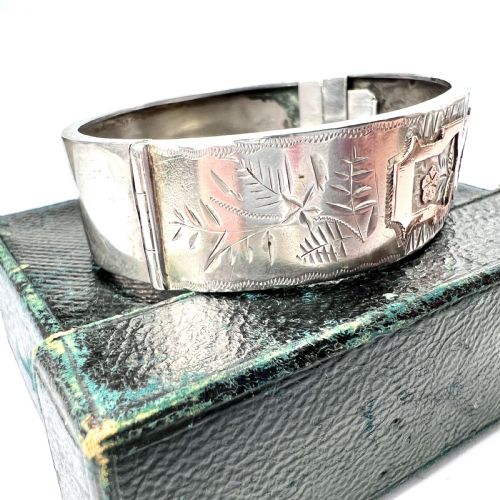 BOXED VICTORIAN STERLING SILVER AND GOLD HINGED CUFF BANGLE - ADDITIONAL PHOTO 6
