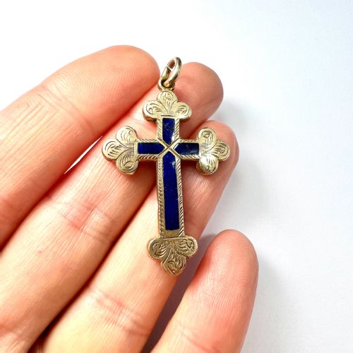 fig 1. Large Victorian Reversible Blue Enamel Cross Pendant
