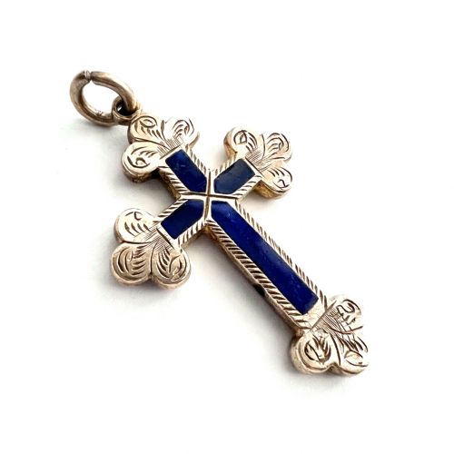 Large Victorian Reversible Blue Enamel Cross Pendant