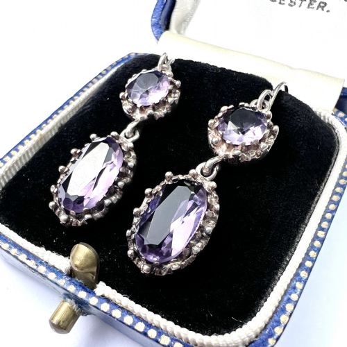 Antique Silver Amethyst Double Drop Earrings