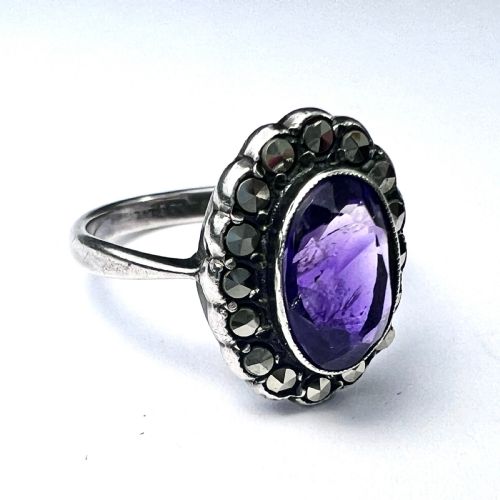 Art Deco Amethyst Marcasite Silver Halo Ring
