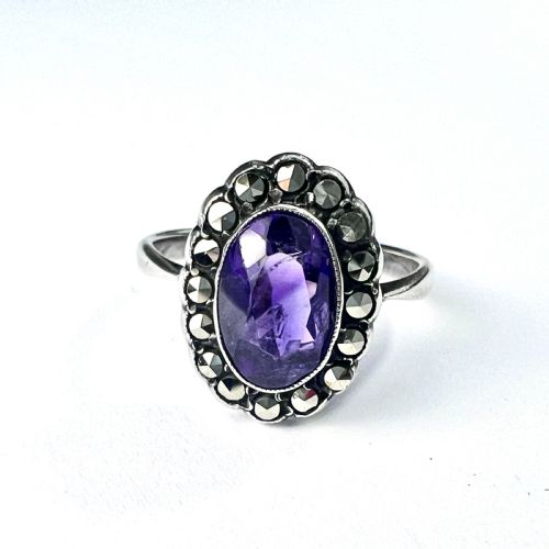 fig 1. Art Deco Amethyst Marcasite Silver Halo Ring