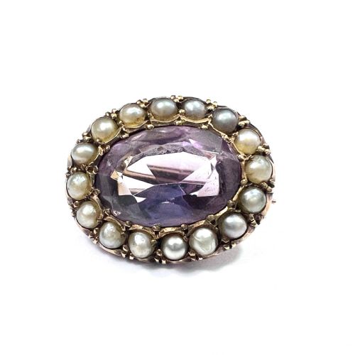 Tiny Antique Amethyst and Pearl 9ct Rose Gold Brooch