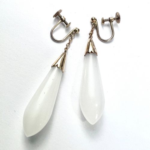 ANTIQUE 9CT GOLD WHITE CHALCEDONY TEARDROP CHAIN EARRINGS - ADDITIONAL PHOTO 7