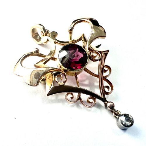 Edwardian 15ct Gold Diamond and Garnet Lavalier Pendant