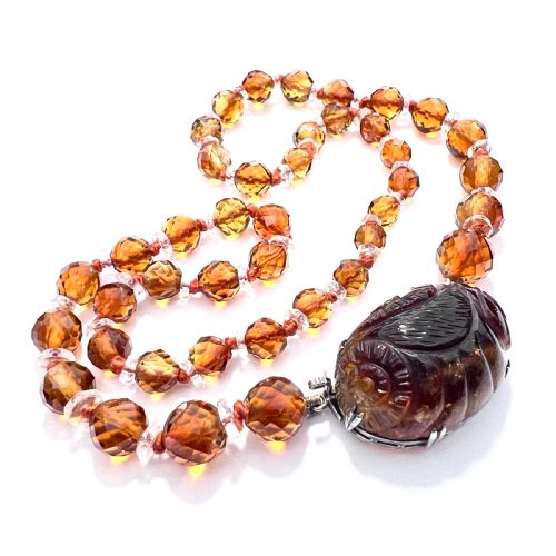 Art Deco Citrine and Rock Crystal Necklace with Carved Gemstone Clasp