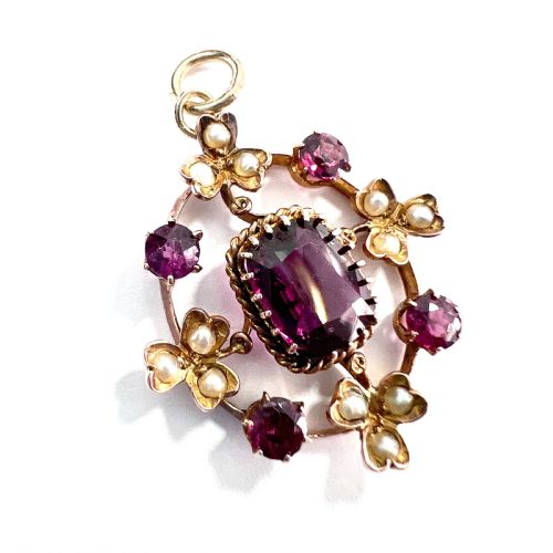 Edwardian 9ct Gold Gemstone Seed Pearl Pendant