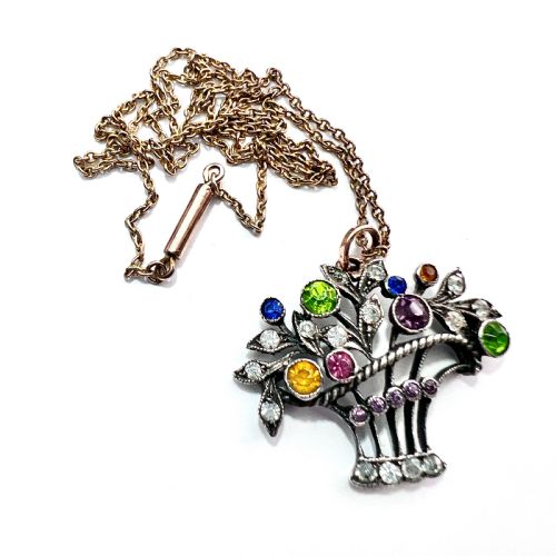 Edwardian Gold and Silver Paste Giardinetti Pendant and Chain Necklace