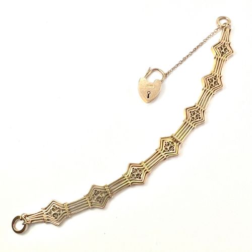 fig 2. Antique 9CT Rosy Gold Fancy Gate Bracelet with Padlock 18.8g