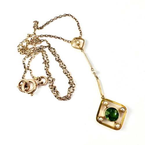 Edwardian 9ct Gold Pearl Paste Peridot Necklace