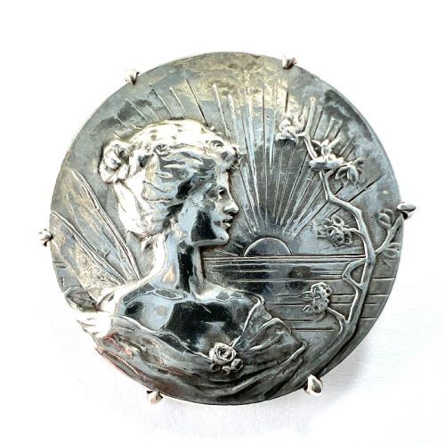 French Art Nouveau Silver Medallion Brooch