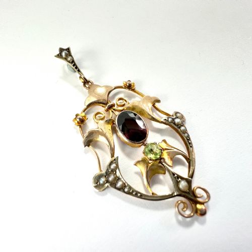 Edwardian 9ct Rose Gold Pearl Garnet and Peridot Lavalier Pendant