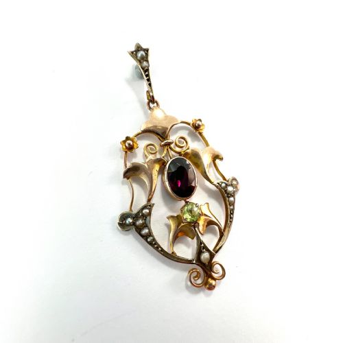fig 1. Edwardian 9CT Rose Gold Pearl Garnet and Peridot Lavalier Pendant