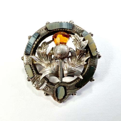 Vintage 1925 Scottish Silver Blue Lace Agate Thistle Brooch by Adie & Lovekin