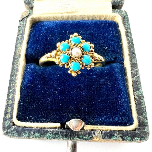 Victorian 18ct Gold Turquoise Pearl Flower Cluster Ring