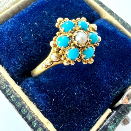 fig 1. Victorian 18CT Gold Turquoise Pearl Flower Cluster Ring