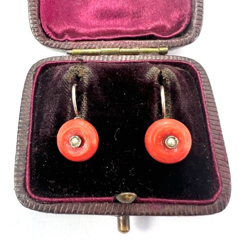 Victorian Coral and Pearl 9ct Gold Dormeuses Earrings