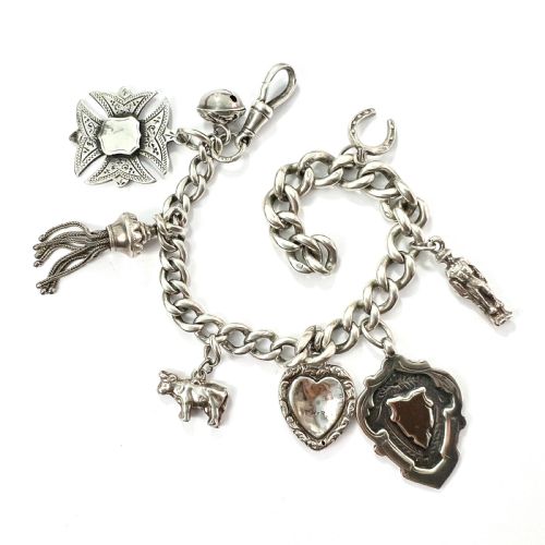 Victorian Silver Curb Chain Bracelet with 8 Charms