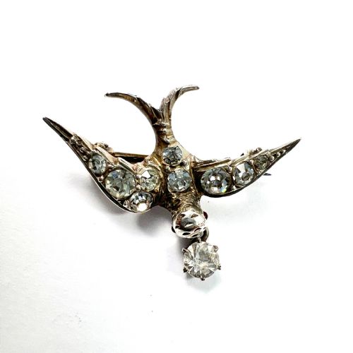 Victorian Silver Paste Swallow Bird Brooch with Dangle