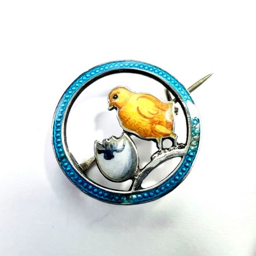 Edwardian Silver Enamel Chick and Egg Easter Brooch