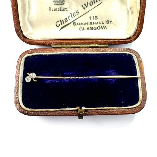 Antique 9ct Gold Double Diamond Toi Et Moi Stick Pin