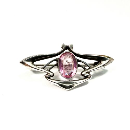 Art Nouveau Sterling Silver Pink Paste Brooch