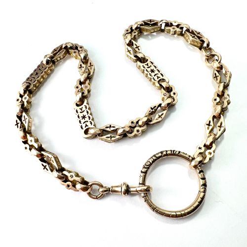 Rare Antique 9ct Gold Book Chain Necklace with Split Ring and Albert Clip