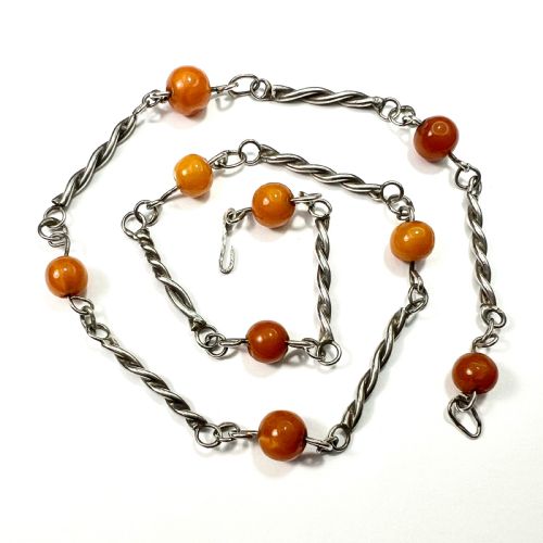 Antique Arts and Crafts Silver Amber Station Necklace
