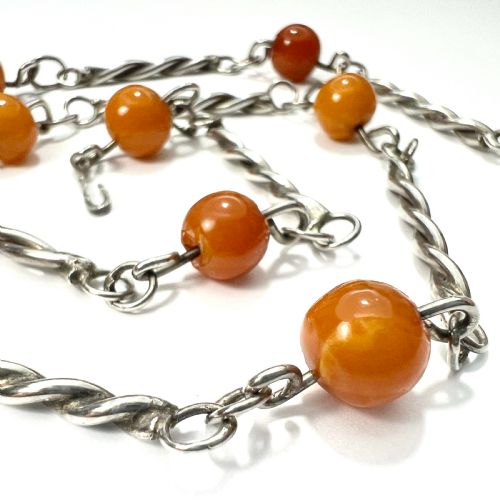 fig 1. Antique Arts and Crafts Silver Amber Station Necklace