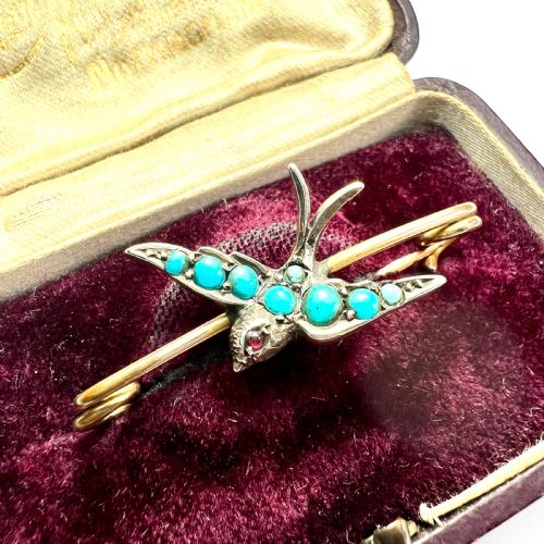 fig 1. Victorian Turquoise Silver Swallow Safety Pin Brooch