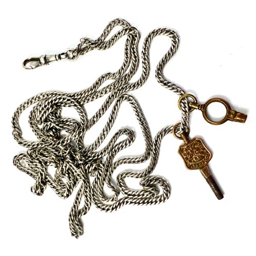 Very Long Victorian Silver Chain Necklace with Watch Keys and Albert Clip
